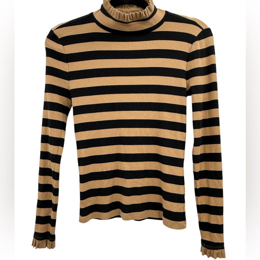 J.Crew Montauk Stripe Ribbed Mockneck XS Sand Black Breton Ruffle Trim - Picture 4 of 16